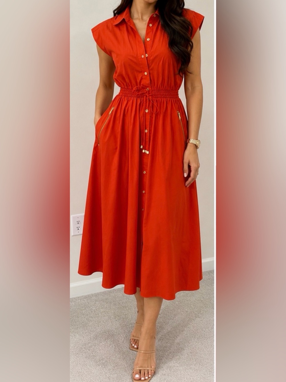Michael Kors Orange Midi Shirt Dress Gold Zip Pockets Drawstring Waist Size S
